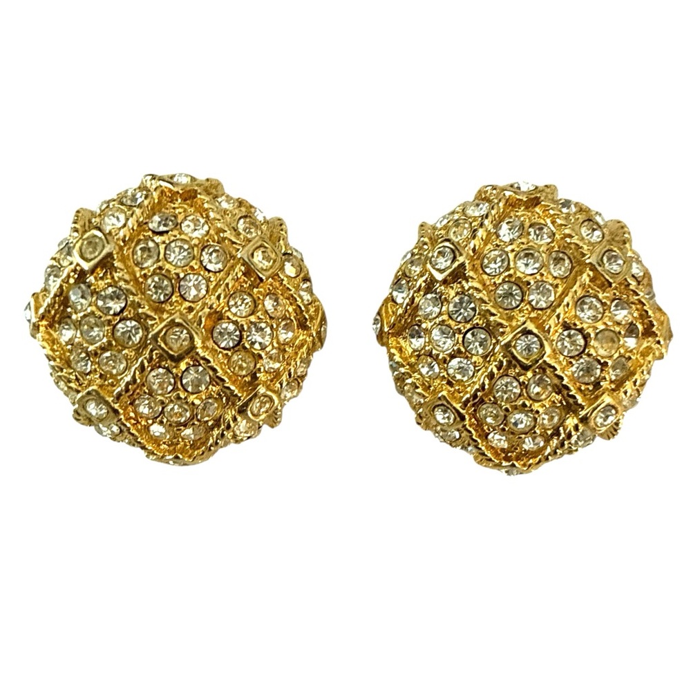 Vintage Round Gold Plated Rhinestone Clip Back Earrings